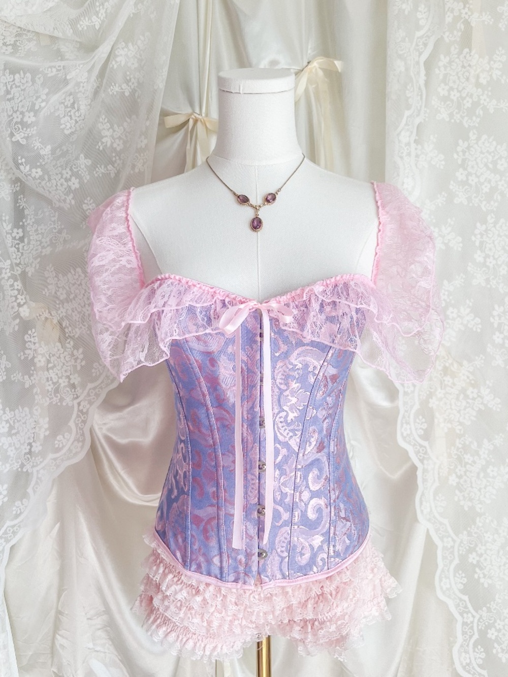 Pastel Lace Princess Corset Top Pink Lavender Fairy Coquette Bustier